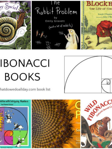 Golden spiral with text, Fibonacci Books, over collage of book covers.