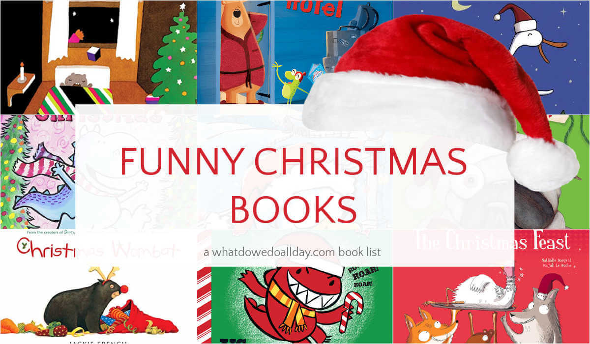 Collage of picture books and Santa hat with text overlay, Funny Christmas Books.