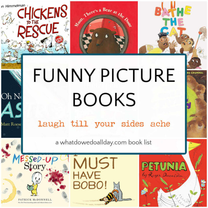 Collage of funny picture books for kids with text overlay, Funny Picture Books laugh till your sides ache.