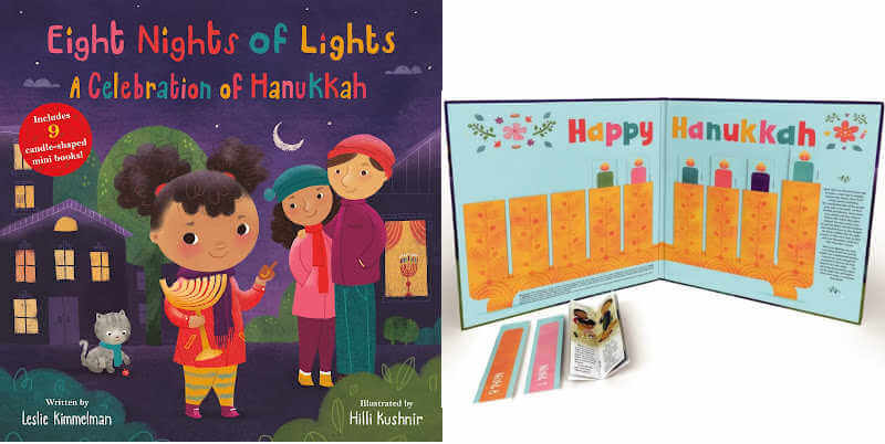 Eight Nights of Lights: A Celebration of Hanukkah book cover and open book with candle mini-book layout.