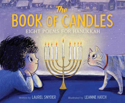 The Book of Candles book cover with illustration of child looking at fully lit menorah and cat.
