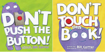 Side by side book covers for Don't Push the Button and Don't Touch this Book.