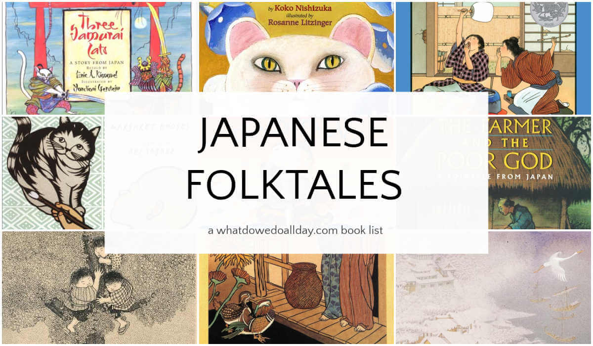 Collage of picture books with text overlay, Japanese Folktales for Kids