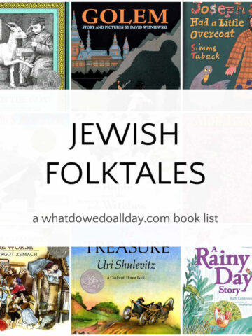 Collage of folktale picture books with text overlay, Jewish Folktales.