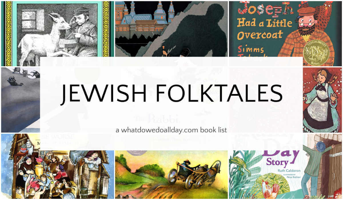 Collage of folktale picture books with text overlay, Jewish Folktales.