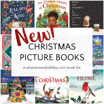 Collage of book covers with text overlay, New! Christmas Picture Books.