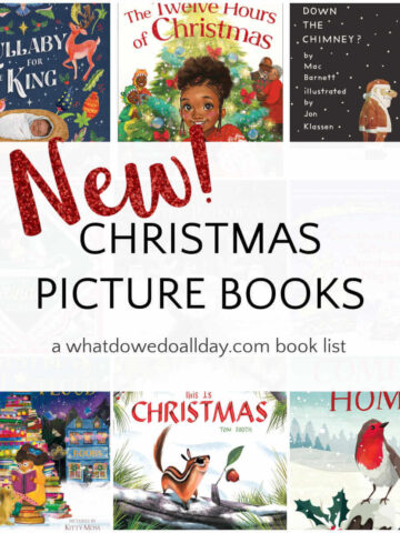 Collage of book covers with text overlay, New! Christmas Picture Books.