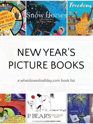 Collage of picture books with text overlay, New Year Picture Books.