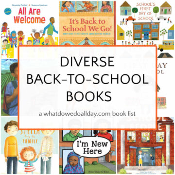Collage of picture books with text overlay, Diverse Back-to-School Books.