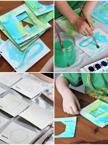 Collage of steps to make a shape book.