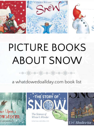 Collage of book covers with text overlay, Picture Books about Snow.