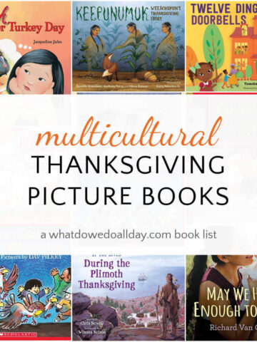 Collage of books with text overlay, multicultural Thanksgiving Picture Books.