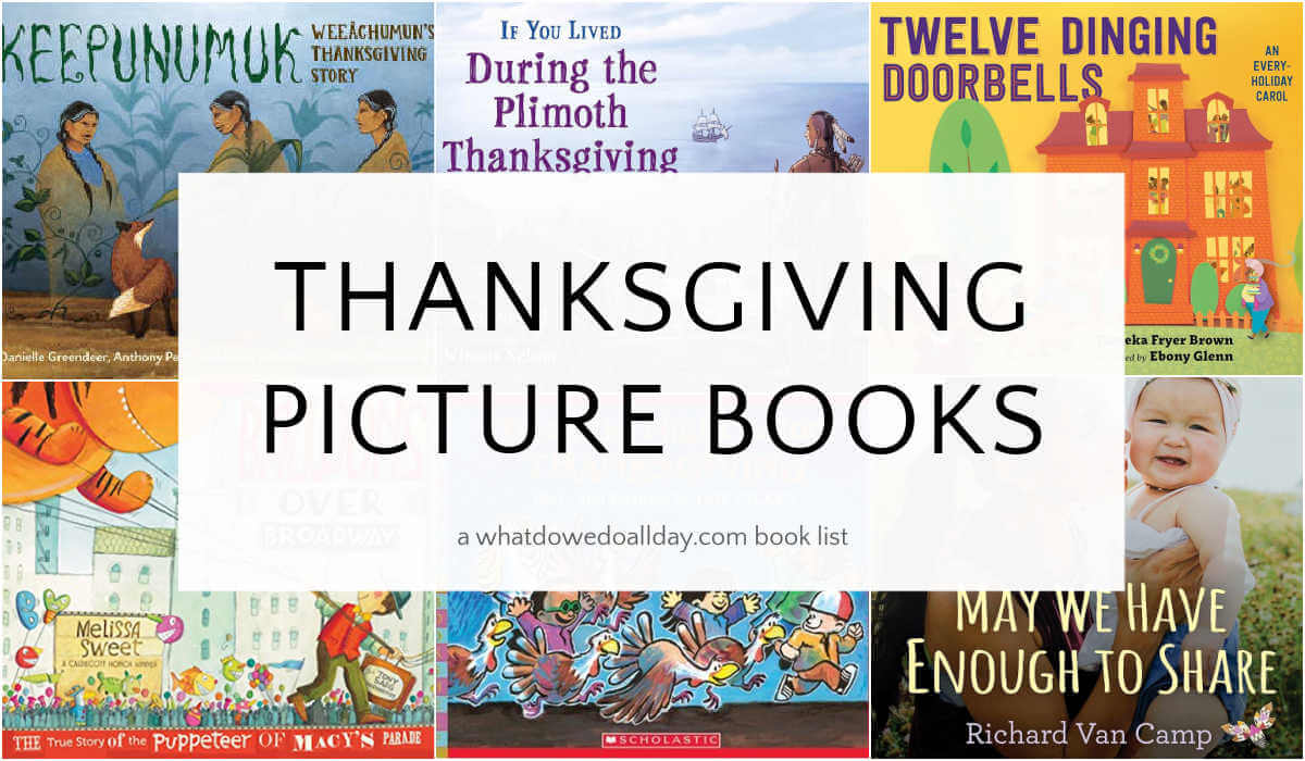 Collage of books with text overlay, Thanksgiving Picture Books.
