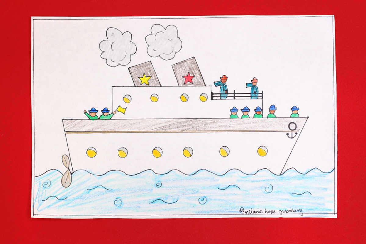 Colored in navy ship coloring page.