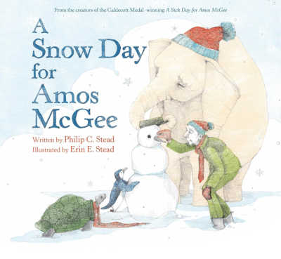 Book cover for A Snow Day for Amos McGee with illustration of elephant, tortoise and man building a snowman. 