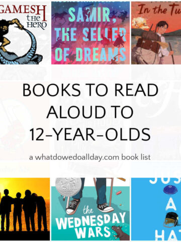 Collage of books with text overlay, Books to Read Aloud to 12 Year Olds.