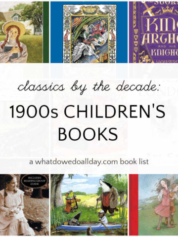 Grid of classic children's books with text overlay, classics by the decade: 1900s Children's Books.