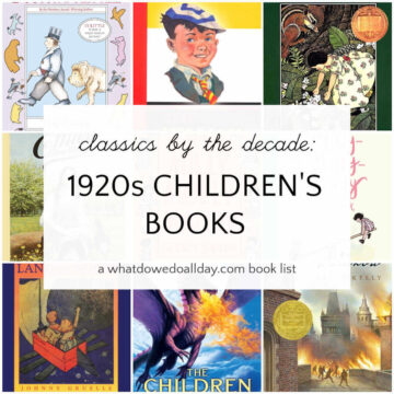 Grid of classic children's books with text overlay, classics by the decade: 1920s Children's Books.