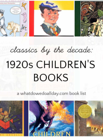 Grid of classic children's books with text overlay, classics by the decade: 1920s Children's Books.