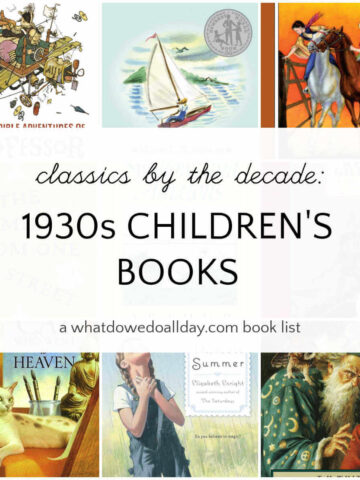 Grid of classic children's books with text overlay, classics by the decade: 1930s Children's Books.