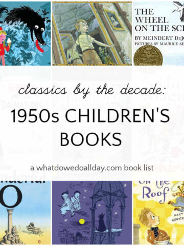 Grid of classic children's books with text overlay, classics by the decade: 1950s Children's Books.