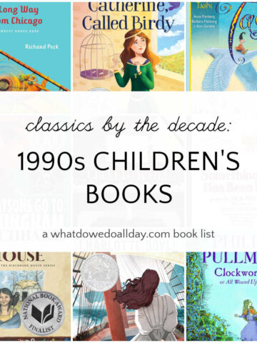 Grid of classic children's books with text overlay, classics by the decade: 1990s Children's Books.