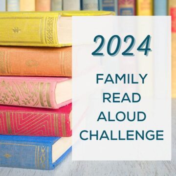 Stack of colored books with text overlay, 2024 Family Read Aloud Challenge.