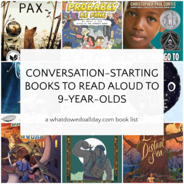 Collage of books with text overlay, Conversation-Starting Books to Read Aloud to 9 Year Olds.