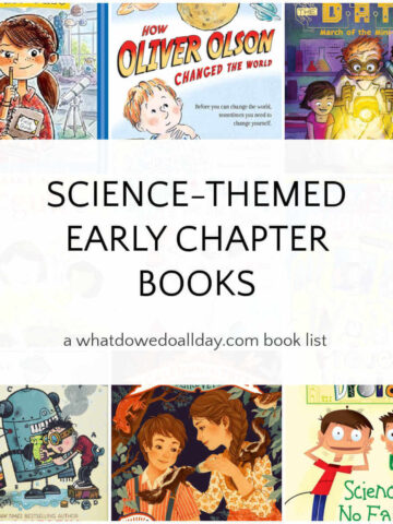 Collage of books with text overlay, science-themed early chapter books.