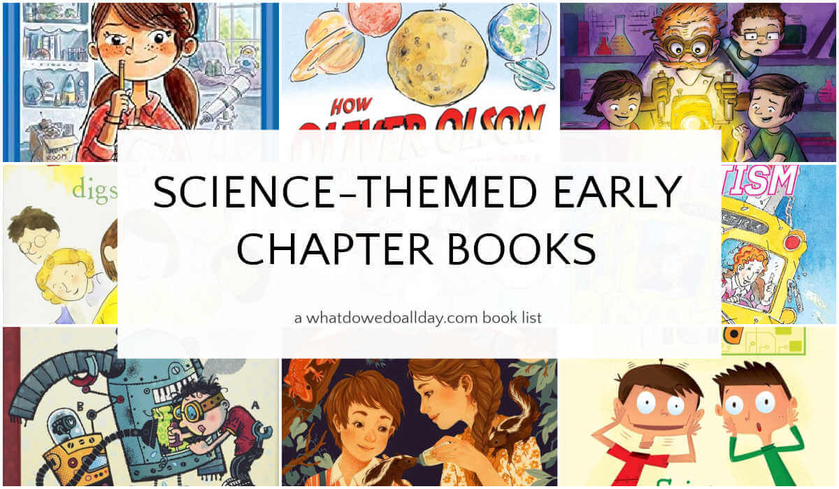 Collage of books with text overlay, science-themed early chapter books.