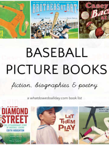 Grid of children's picture books with overlay, Baseball Picture books, fiction, biographies and poetry.
