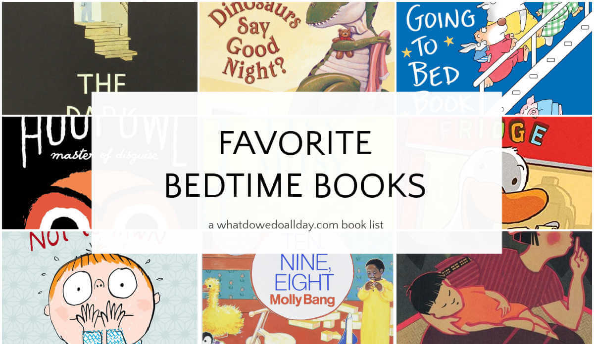 Collage of books with text overlay, Favorite Bedtime Books.