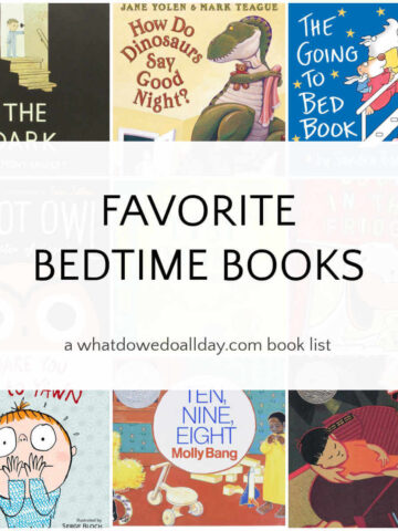 Collage of books with text overlay, Favorite Bedtime Books.