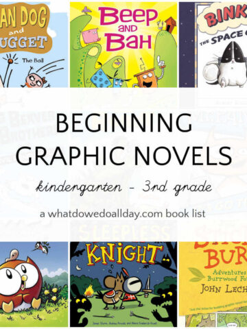 Collage of books with text overlay, Beginning Graphic Novels, kindergarten - 3rd grade.