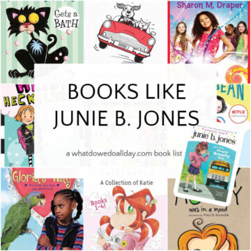 Collage of picture books with text overlay, Books like Junie B. Jones.