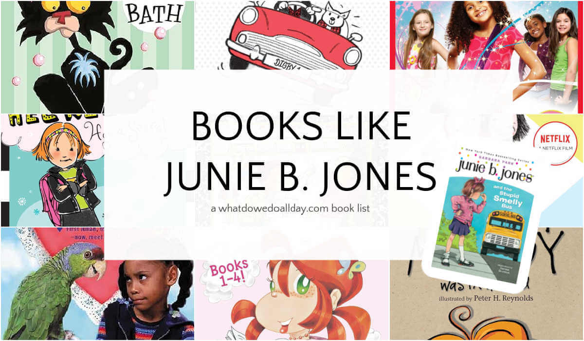 Collage of picture books with text overlay, Books like Junie B. Jones.