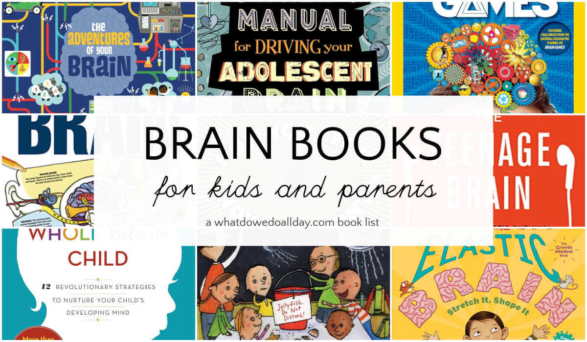 Grid of children's books with text overlay, Brain Books for kids and parents.