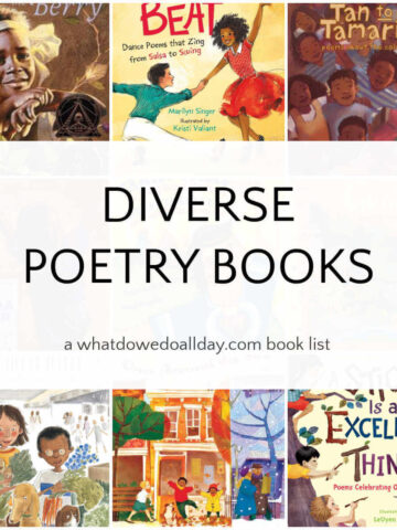 Grid of children's picture books with overlay, Diverse Poetry Books.