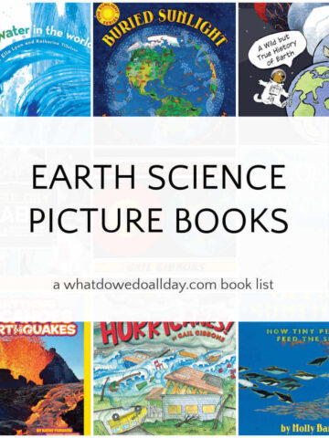 Grid of picture books with text overlay, Earth Science Picture Books.