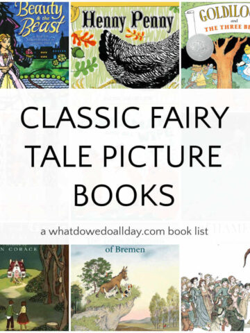 Collage of books with text overlay, Classic Fairy Tale Picture Books.
