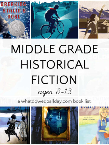 Collage of book covers with text overlay, Middle Grade Historical Fiction.