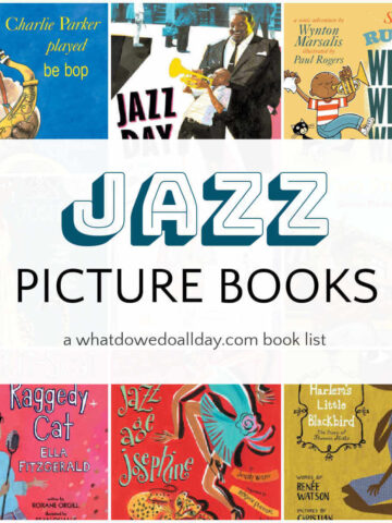Collage of books with text overlay, Jazz Picture Books.