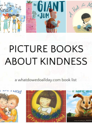 Grid of picture books with text overlay, Picture Books about Kindness.