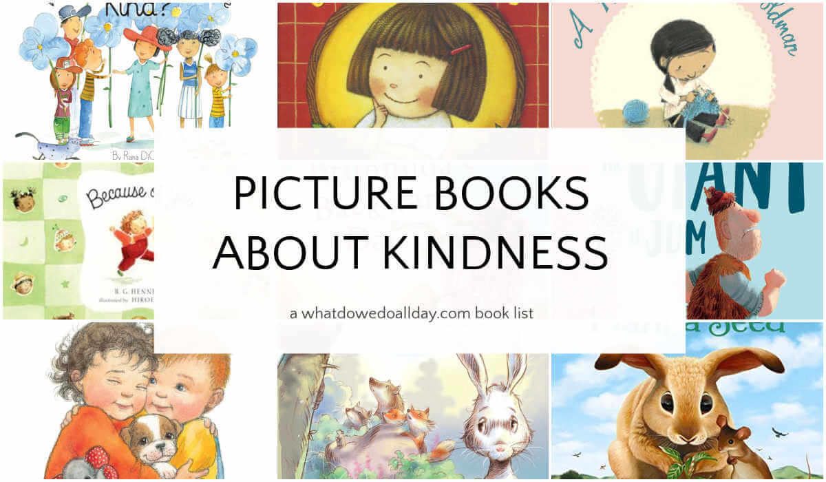 Grid of picture books with text overlay, Picture Books about Kindness.