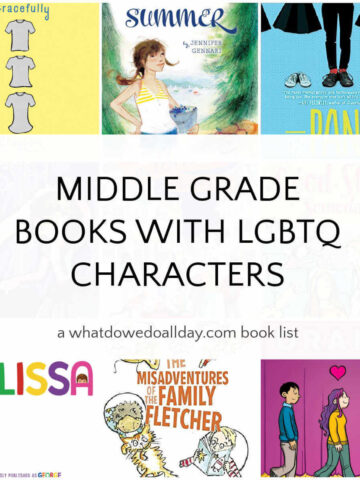 Collage of books with text overlay, Middle Grade books with LGBTQ characters.