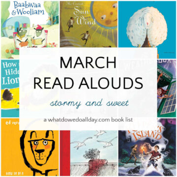 Grid of children's books with text overlay, March Read Alouds stormy and sweet.