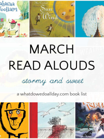Grid of children's books with text overlay, March Read Alouds stormy and sweet.