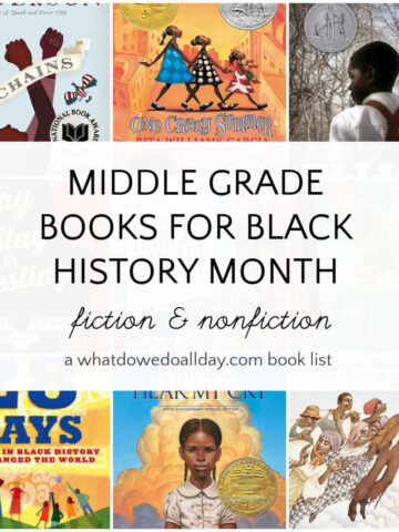 Collage of books with text overlay, Middle Grade Books for Black History Month, fiction and nonfiction.