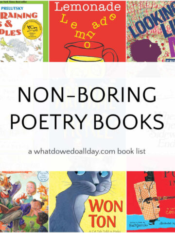 Grid of children's picture books with overlay, Non-Boring Poetry Books.