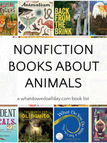 Grid of children's picture books with overlay, Nonfiction Books about Animals.